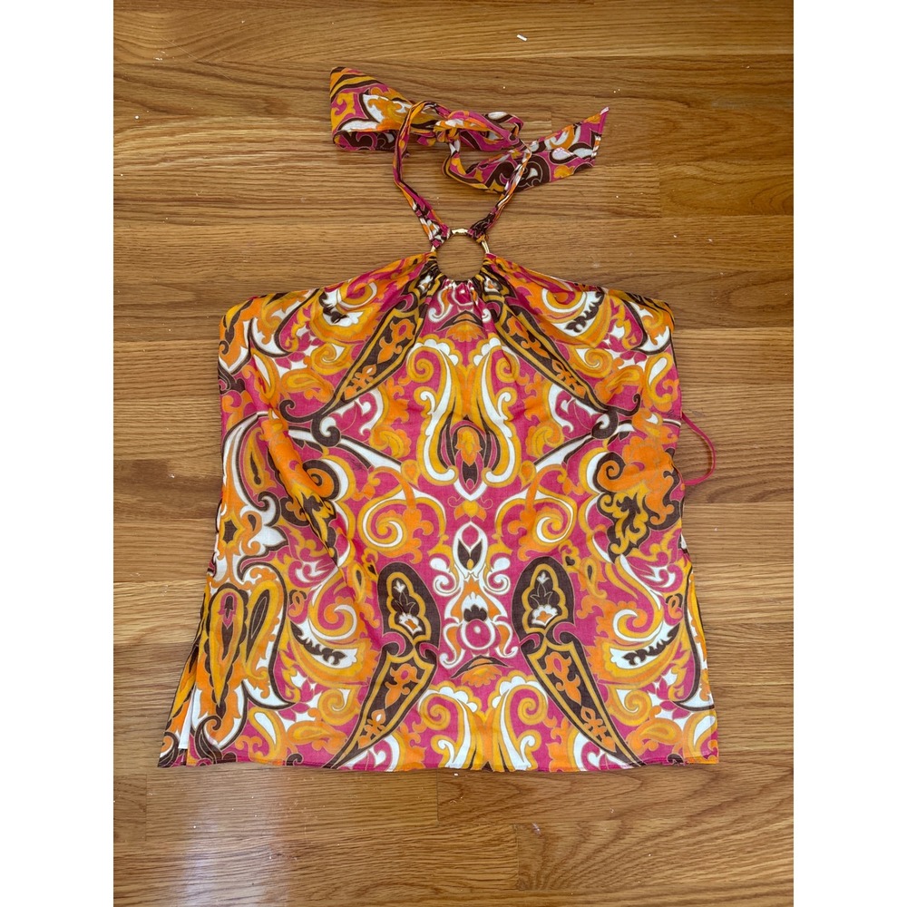 Milly of New York Orange Pink Paisley Cotton O-Ring Halter Top Size 6 USA Made